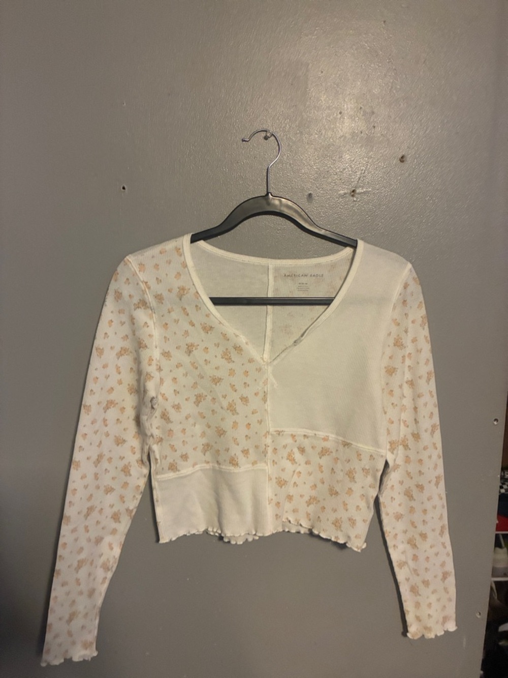 Aeropostale White Long Sleeve Floral Patchwork Tee